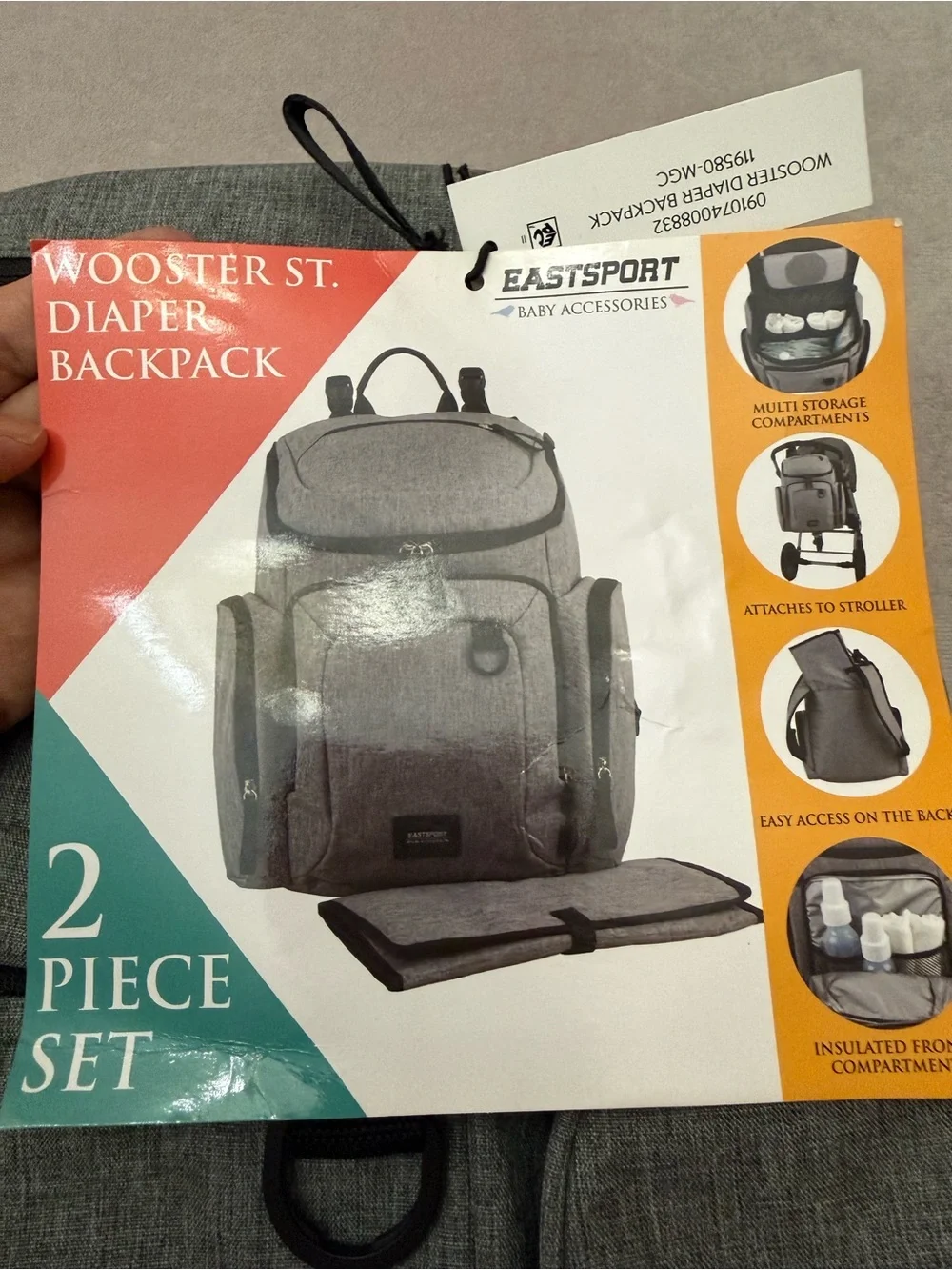 Eastport Gray Large Backpack Diaper Bag Changing Pad Insulated Zipper Pockets